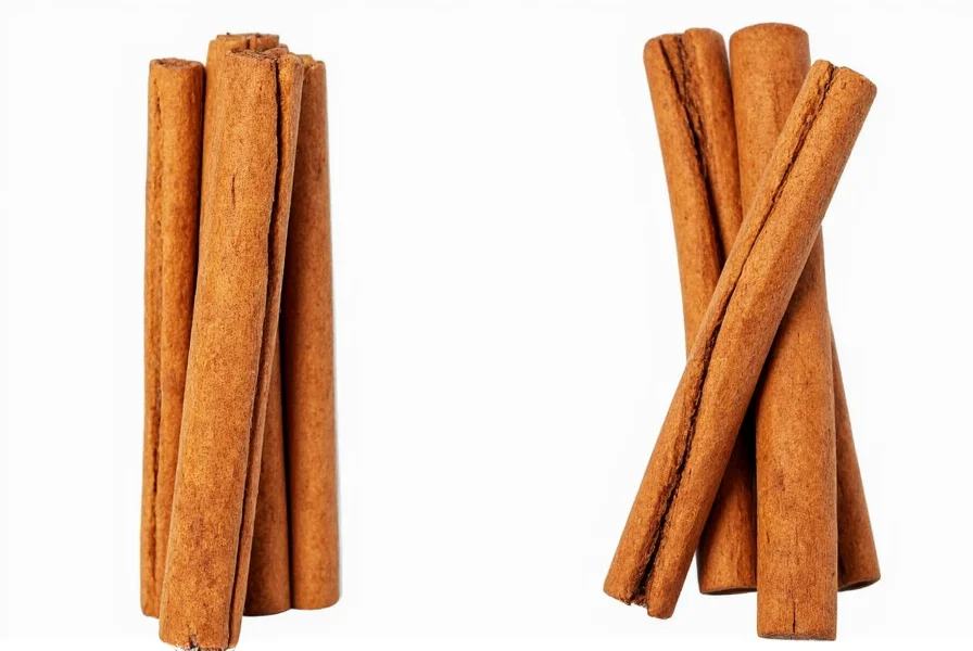 Side-by-side comparison of Ceylon cinnamon quills and Cassia cinnamon sticks showing structural differences