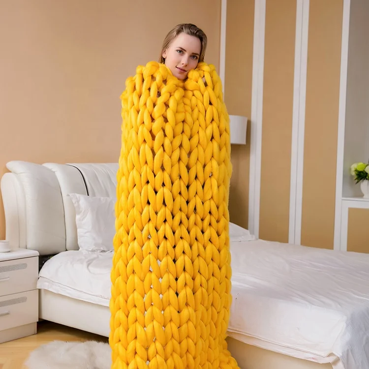 
Wwinter Warm Dropship Huge Yellow Cashmere Cable Chunky Chrohet Knit Blanket 