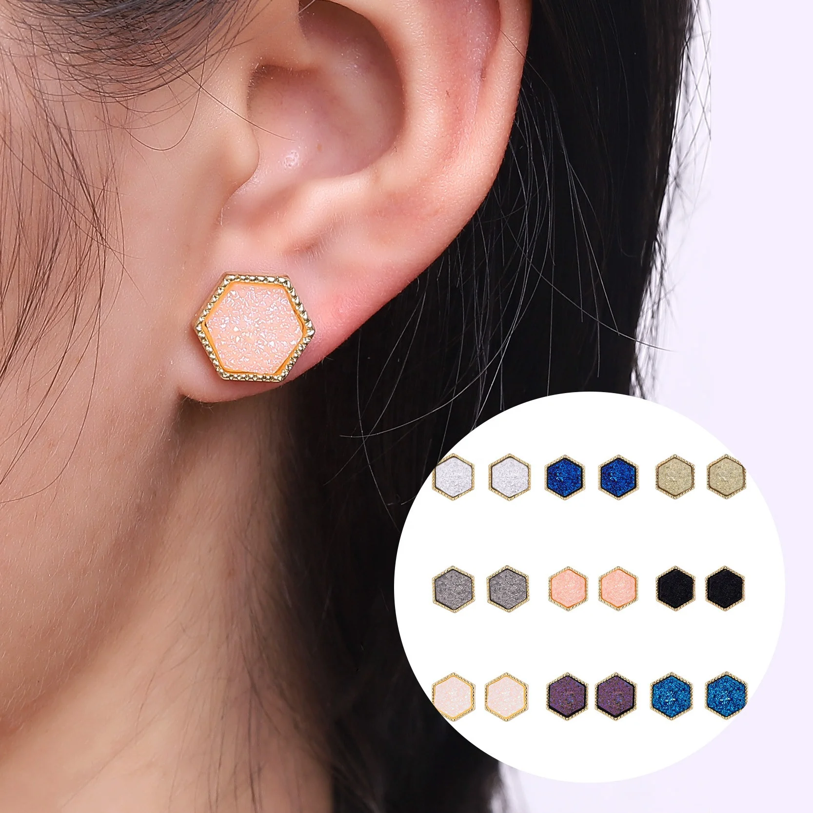 

Druzy Drusy Stud Earrings Fashion Starry Sky Hexagon Stud Famous Brand Designer Jewelry Gold Color Women Girl Hot
