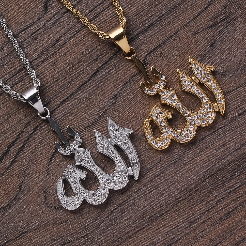 

Personality zircon iced out Muslim jewelry Delicate Arab Muslim Allah Totem Necklace Women Islam pendant necklace, Gold silver