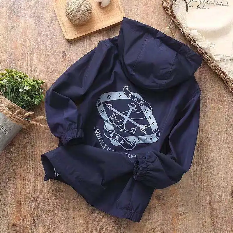 
Custom Size Kids Boys Navy Windproof Striped Spring Coat Zipper Outdoor Light Jackets 