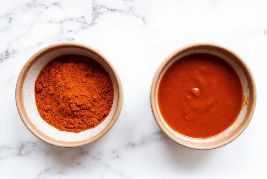 Chipotle pepper adobo sauce substitute comparison showing smoked paprika mixture next to harissa and chipotle hot sauce in small bowls
