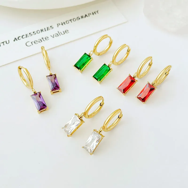 

Tarnish Free Jewelry Colorful Rectangle Crystal Cubic Zirconia Drop Earring 14k Gold Plated Stainless Steel Hoop Earrings YF3172