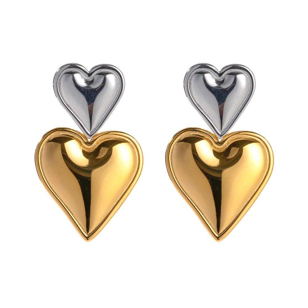 

Trendy 18K Stainless Steel Gold Silver Plated Smooth Love Drop Jewelry Statement Double Heart Earrings