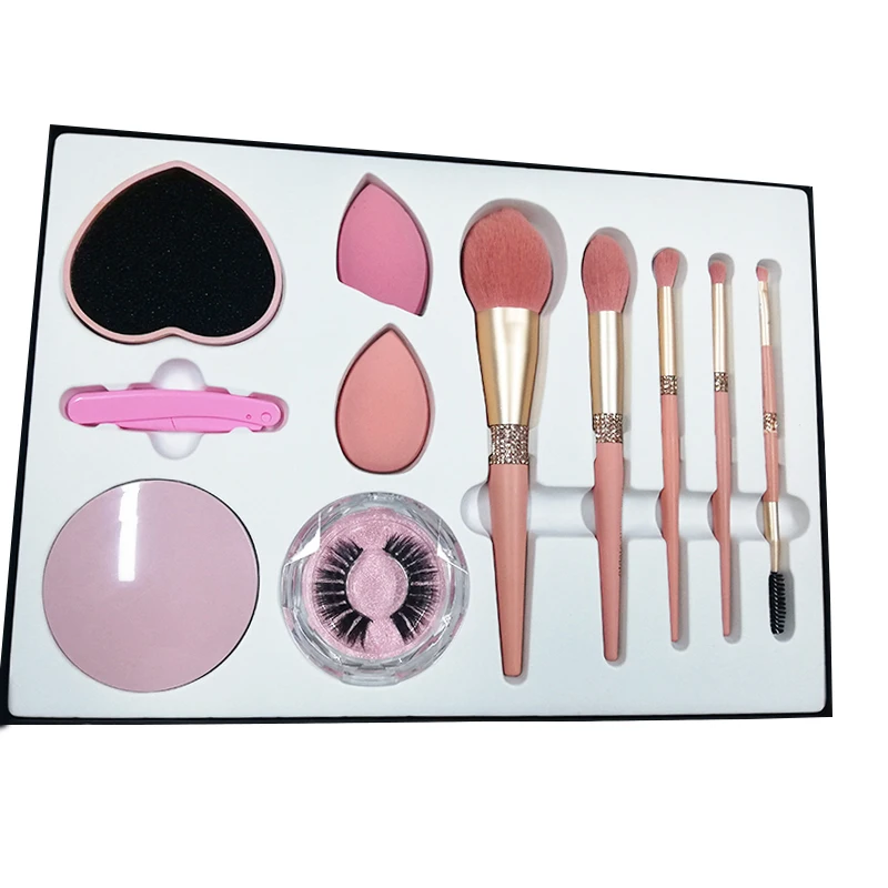 

Wholesale Full Makeup Kit Lashes Eyebrow Razor Trimmer Silicone Brushes Cleaning Mat LED Makeup Sponge Mirror Makeup Tools Set, Customized color