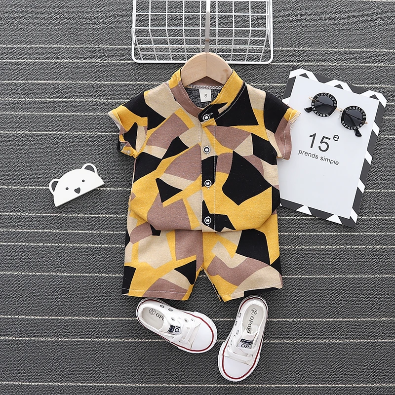 

2021 Summer Hot Sale New Cotton Linen Printed Geometric Pattern Short Sleeve Button Boy Shirt Daily Wear Kids Clothes Set, Picture