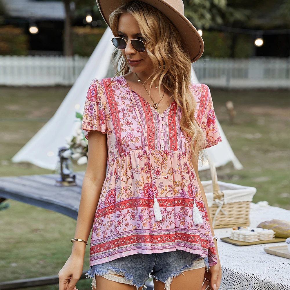 

V Neck Floral Print Elegant Sexy Plus Size Women's Blouses, Picture