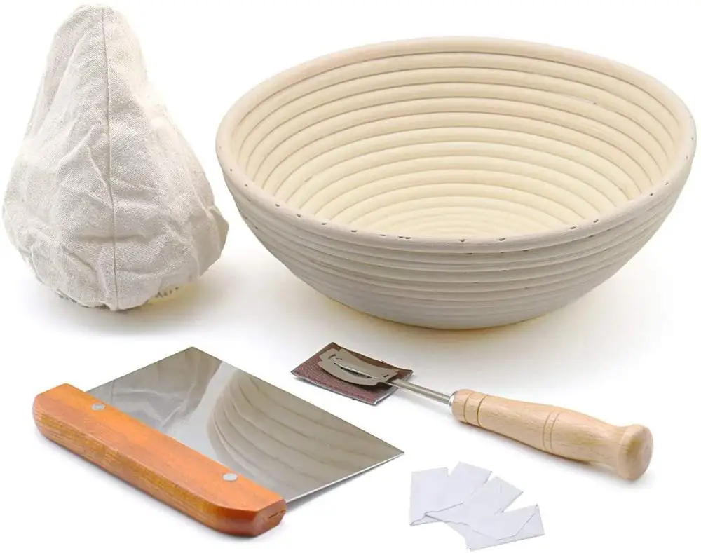 

9''/10" Round bread proofing basket set with cloth liner for sourdough, includes metal dough scraper, bread lame, Natural color