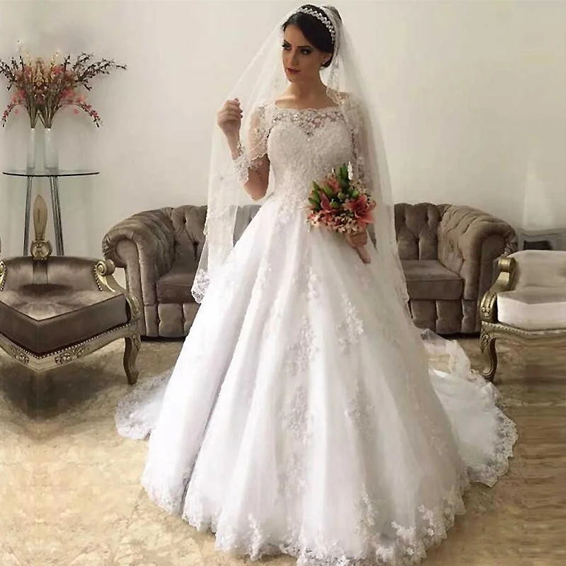 

FA229 Vestido De Noiva Elegant Lace Brazilian Wedding Dress Long Sleeve Beaded Bridal Wedding Gowns gelinlik 2021 Customize, Default or custom