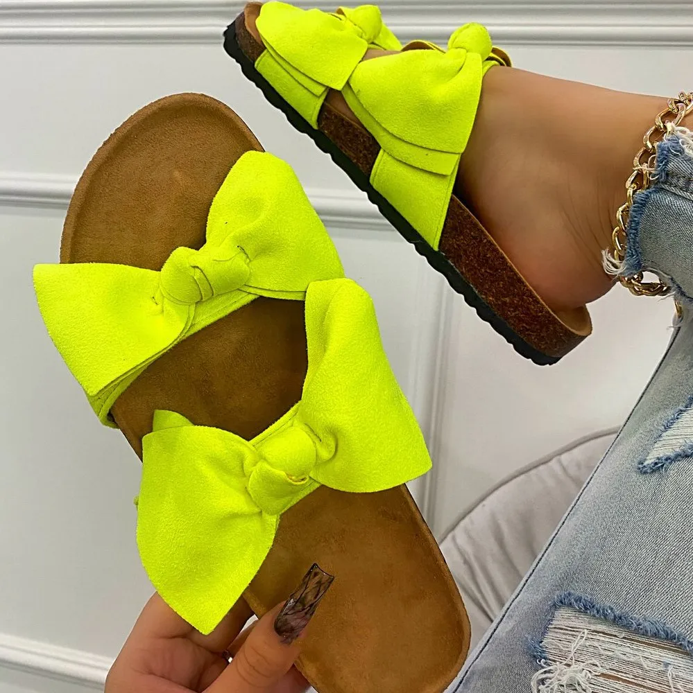 

NEW Fashion Ladies Bowknot Sandal Lime INS Suede Straps with Bow Slipper Summer Flat Slides Slippers for Women Jade Sandal Shoes