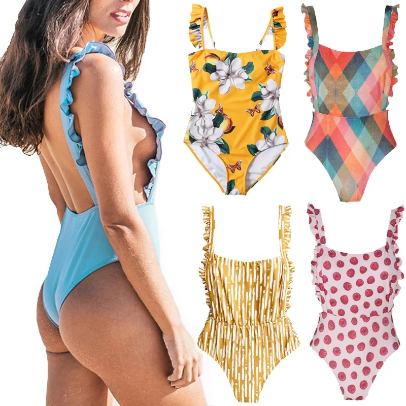 

2020 New Fashion Bathsuit Padded Printing Bikinis One Piece Beachwear Push Up Striped Checkered Floral Women's Monokini Swimwear, Solid, printing as shown