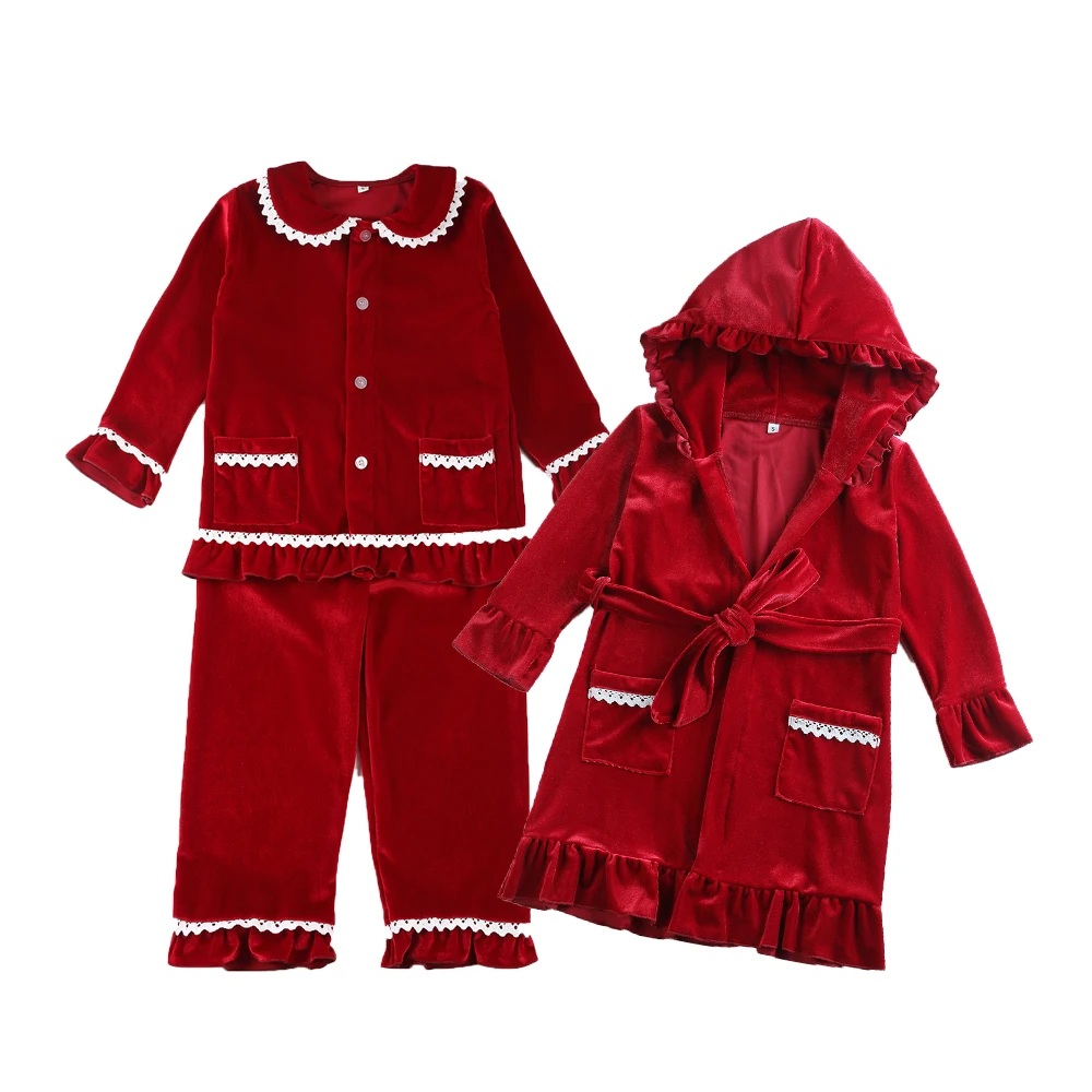 

christmas boutique long sleeve lace ruffle winter velvet robes kids girls pyjamas