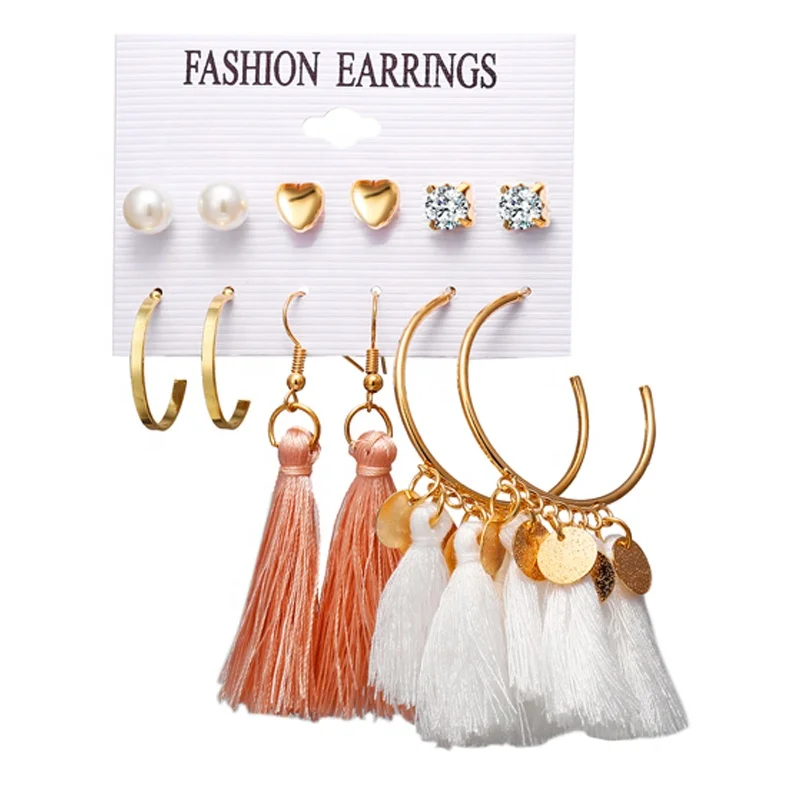 

OEM Design Card Packaging 6 Pairs Fashion Earring Women Boho Style Tassel Earrings Set, As picture