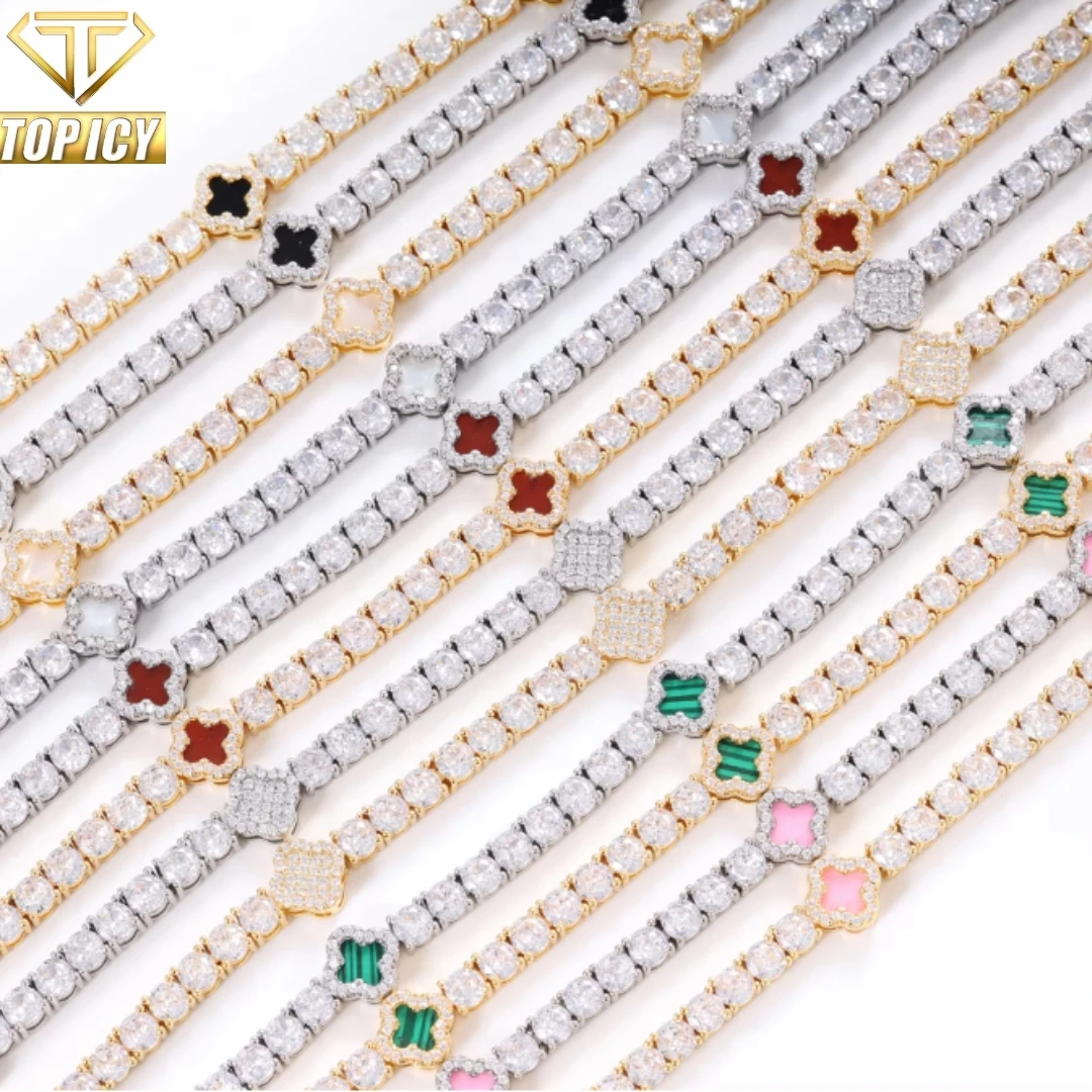 Popular 18K Gold Plated Tennis Chain Iced Out 4mm Clover Bracelet Necklace Jewelry Classic Style for Gift Wedding