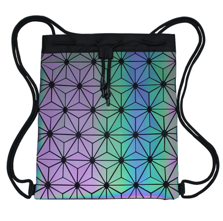 

custom fashion leisure geometric holographic rainbow iridescent reflective drawstring bag backpack for gym outdoor sports travel, Yellow / silver / grey / red / blue etc