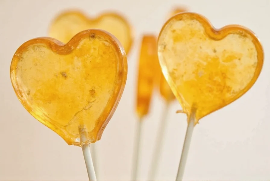 Close-up of homemade ginger lollipops showing crystalline texture and golden color on wooden surface