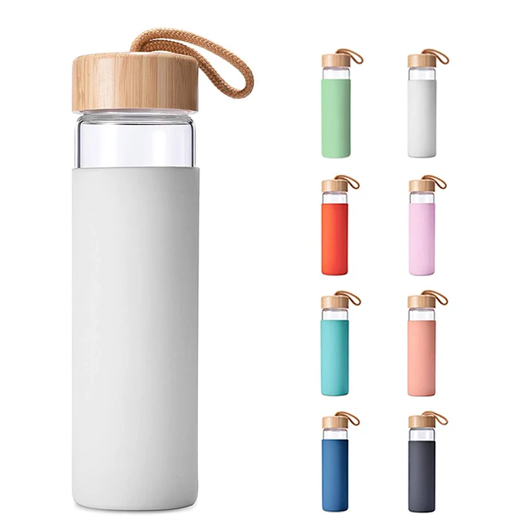 

Amazon hot sale popular home outdoor coffee tea glass water bottle with bamboo lid and silicone cup set, Customized colors acceptable