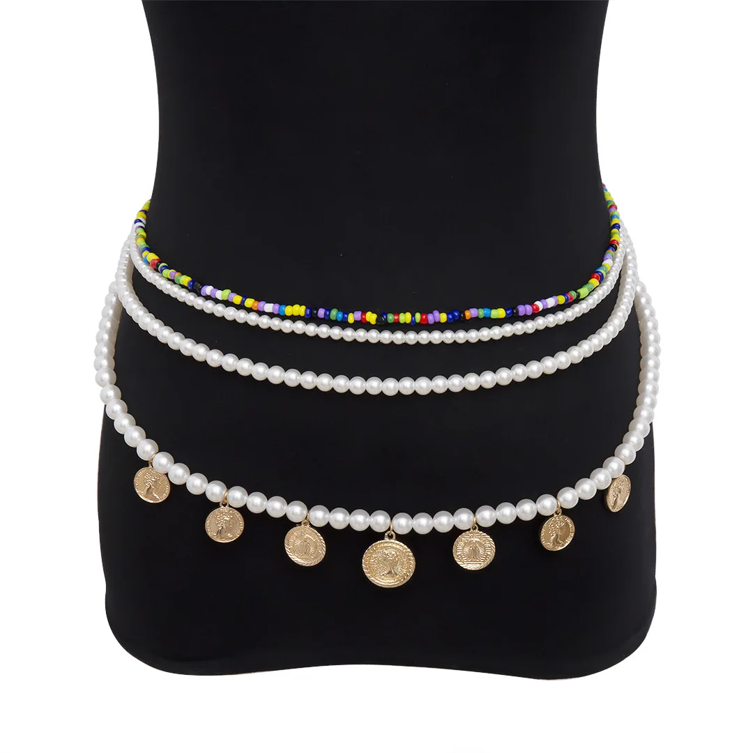 

Bohemian Sexy Body Chains, Four-layer Geometric Pendant Pearl Beads Beaded Belt