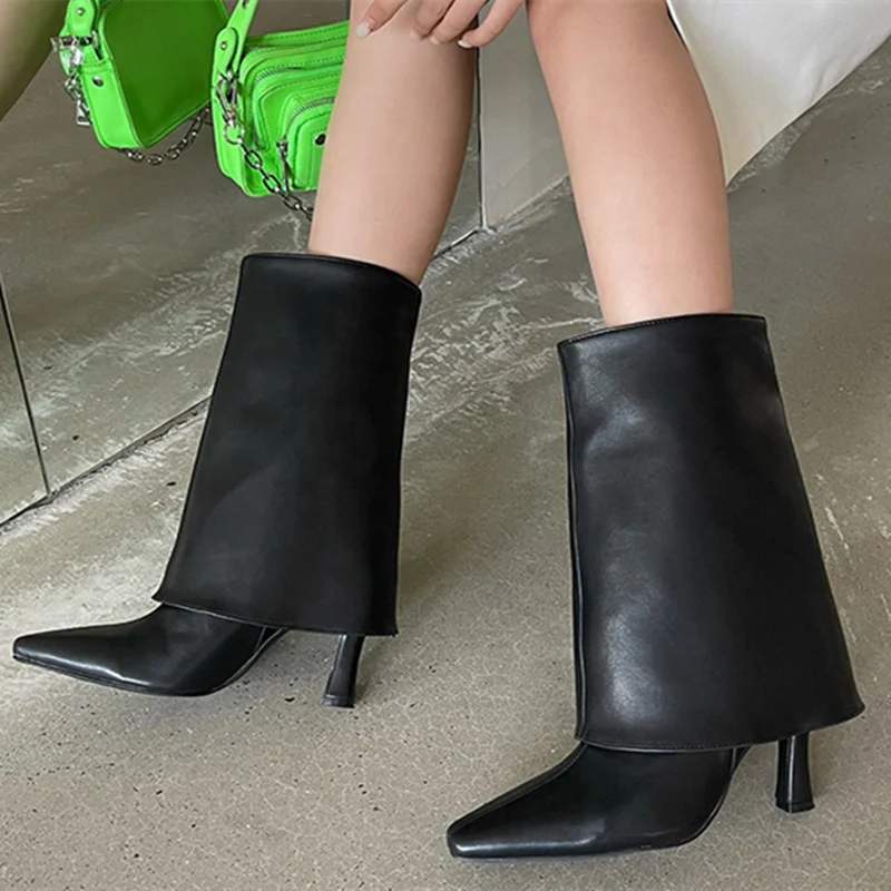 

2021 Winter Lady's Work Boots Square Toe Slip on Solid Soft Calf Boots Sexy Short Booty High Heel, Black white