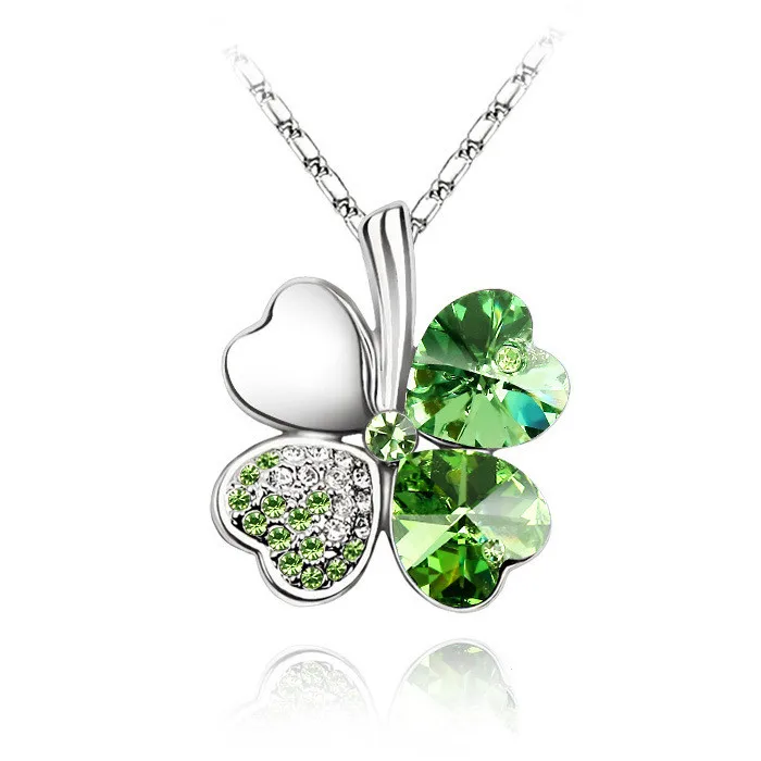 

Green lucky Gold plated glass Crystal heart four leaf Clover pendant Necklace for Women, Green,blue,purple etc