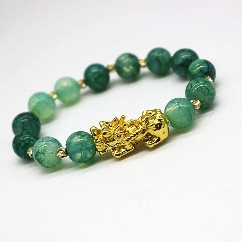 

24k Real Gold Plated Pixiu Charm Bracelet Good Luck Wealthy Green Jade Agate Pixiu Bracelet