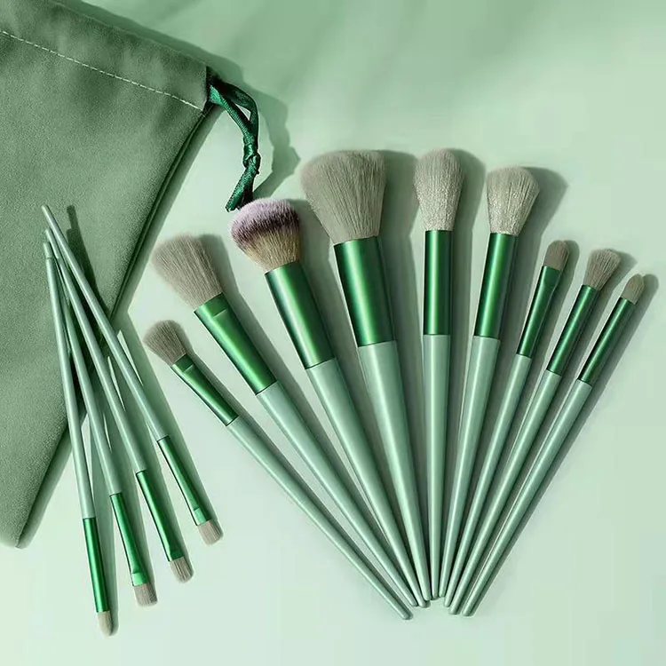 

Kabuki Foundation Face Contour Synthetic High Gloss Powder Blush Makeup Brushes 13pcs Green Low MOQ Makeup Brush Sets With Bag