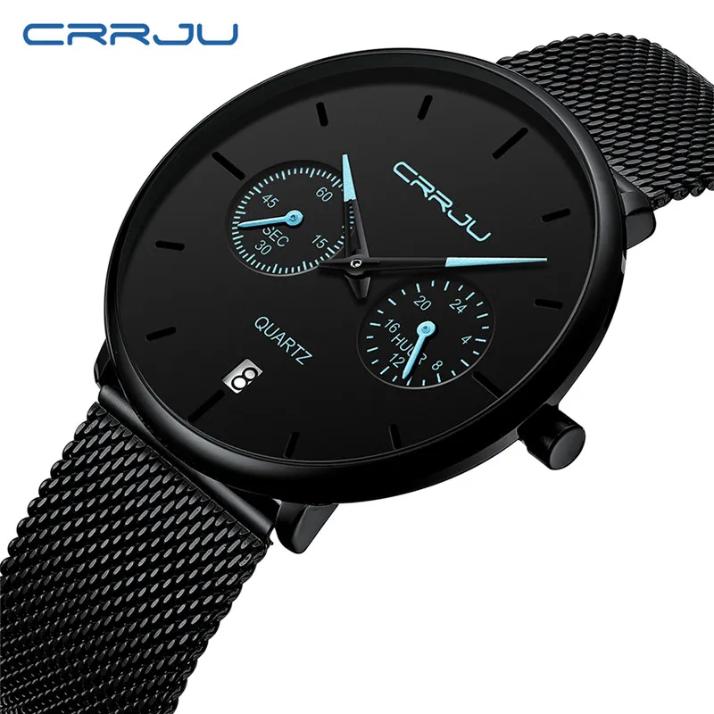 

Classic Men CRRJU 2162 Watches Stainless Steel Waterproof Man Sport Quartz Watch Calendar Watch Relogio Masculino, 12 colors