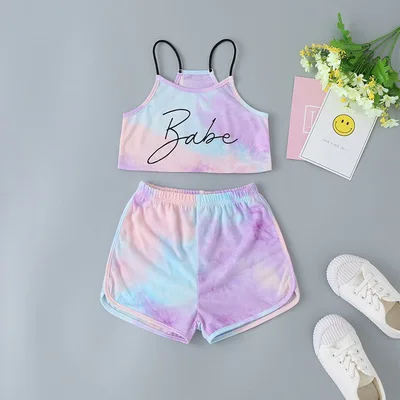 

F30566A The new summer 2020 cross-border hot style tie-dye halter top + shorts baby girls clothing sets kid clothing set, As picture