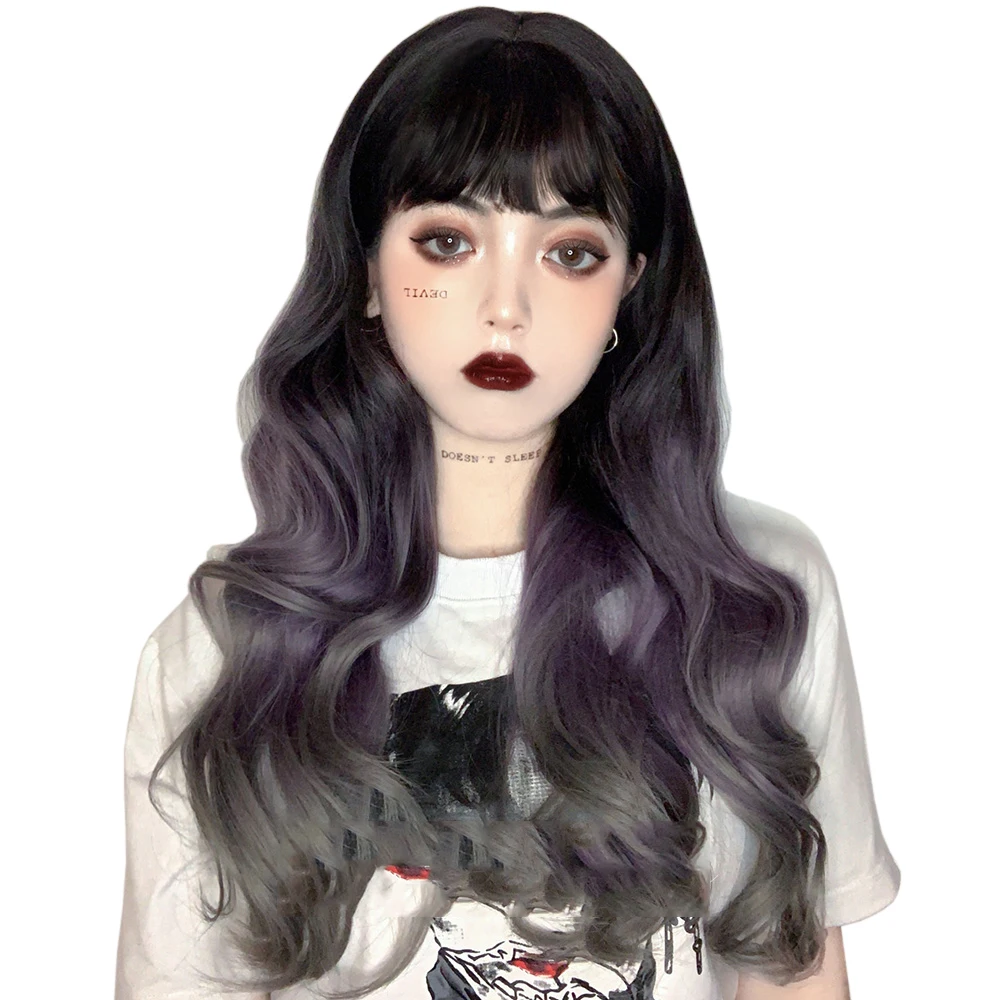 

Dark Purple Gradient Gray Long Wavy Hair Synthetic Wigs Lolita Cool Fluffy Grooming Face Harajuku Girls Cosplay Party Wigs, Pic showed