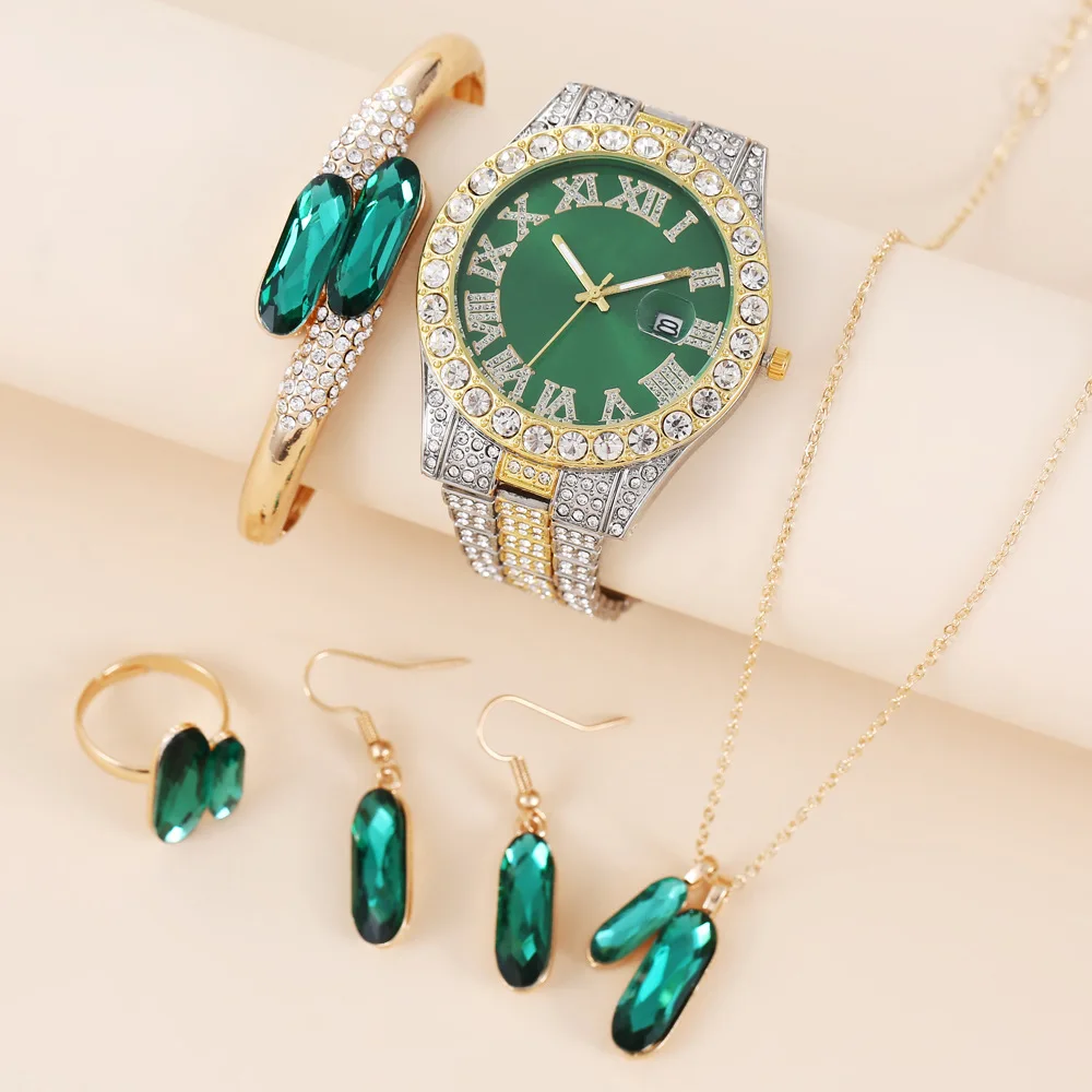 

Valentine's Day Gift Box Ladies Watch Green Quartz Watch + Ring Set Confession Artifact Gift Box 6pcs/set, Picture