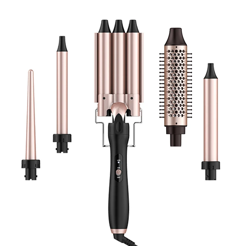 

Ulelay Combo multi Ceramic Beach Wave Curling Wand Iron Brush Set 5 in 1 Curling Iron Brush with 3 Barrel Hair Crimper