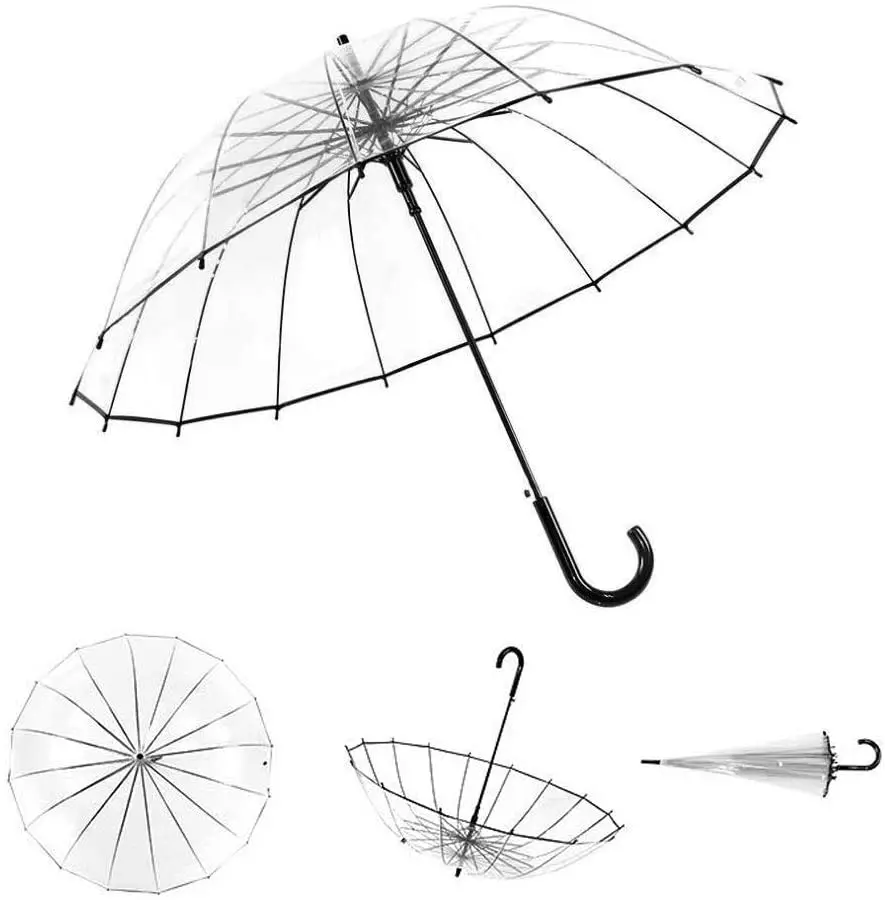 

High Quality Long Handle 16 Rib Transparent Umbrella Women Clear Plastic, Customized