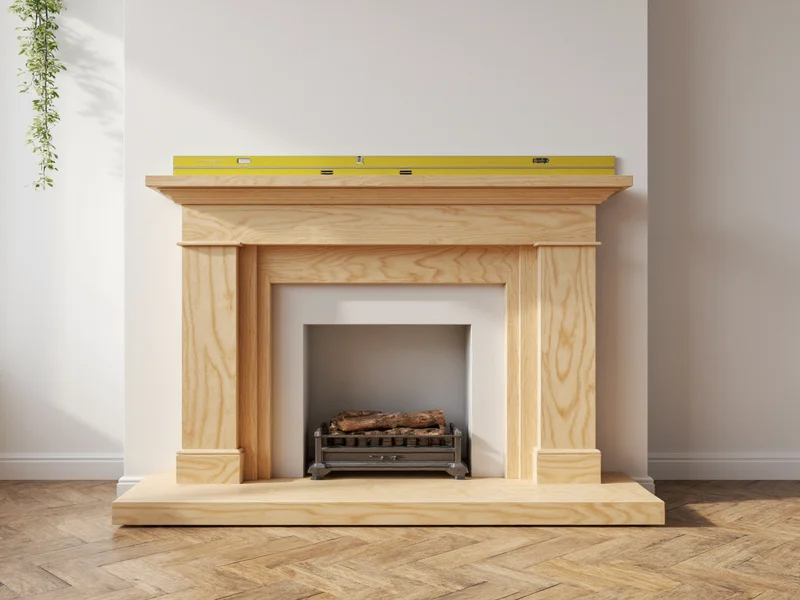 Wood frame construction for fireplace surround with level tool