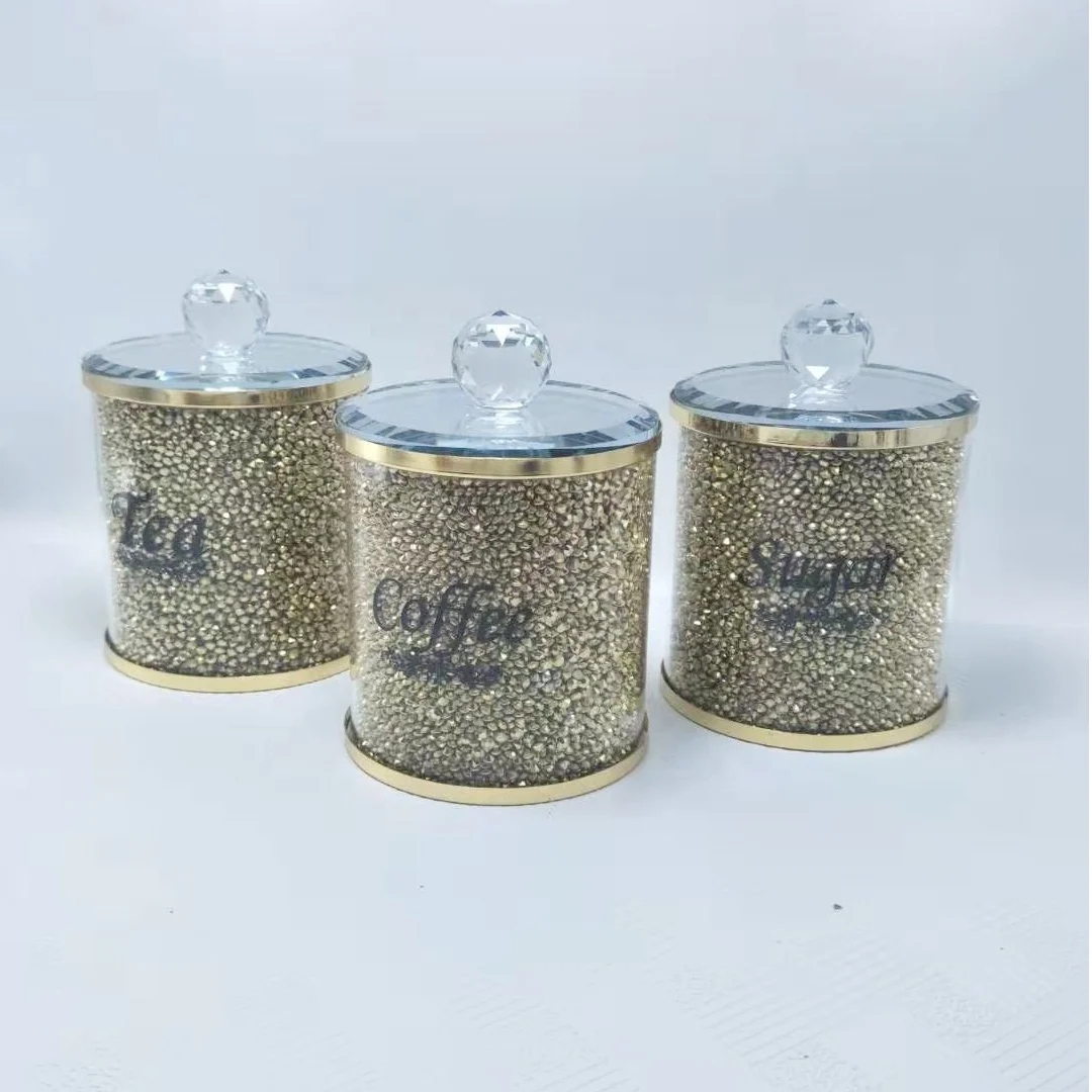 

Hot sale sparkling gold glass diamond decoration crystal glass food storage jar with lid coffee sugar tea jar canister