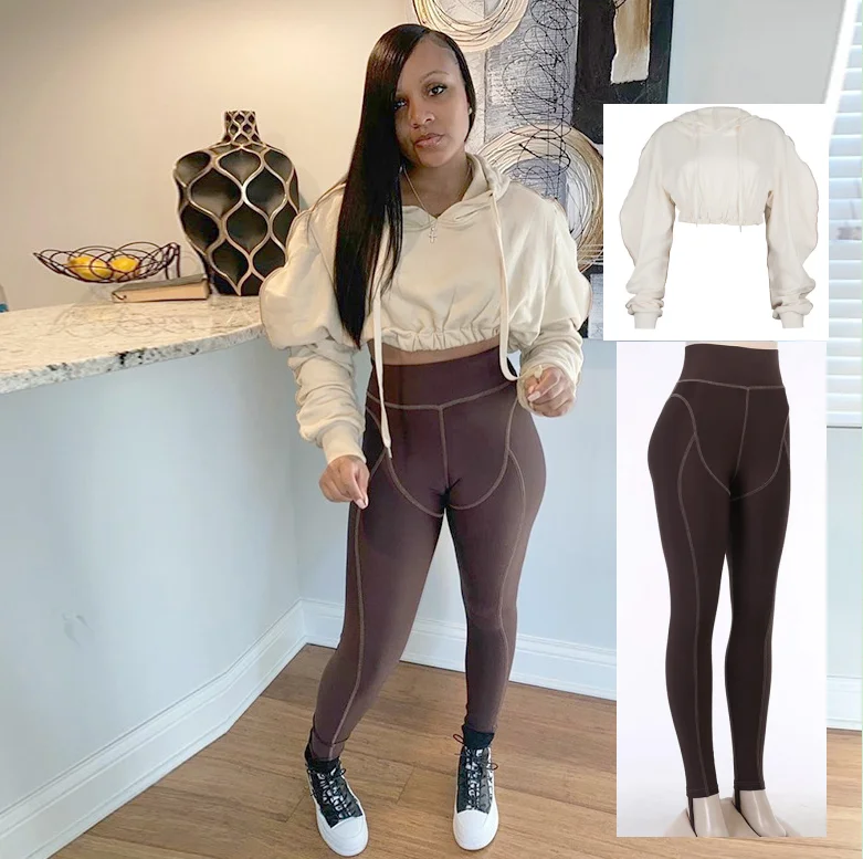 

Wholesale hot selling cover stitching women 2 piece set Sweatshirt suit Solid color Heap young girls puff Sleeve Crop hoodie, Available