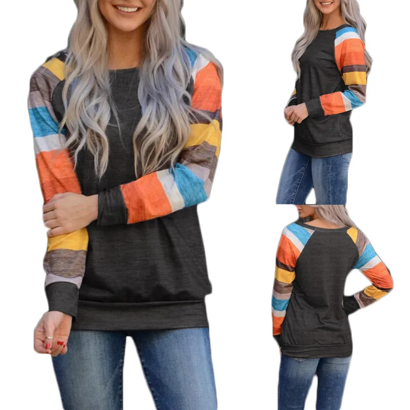 

Women's bottoming shirt color striped sleeves hit color casual round neck long sleeve t-shirt women, Gray, dark gray