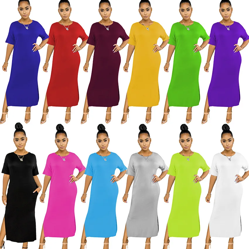 

WW-1070 Multicolor High Elastic Split Round Collar Long Dress Summer Slit Dress Long Casual, Customized color