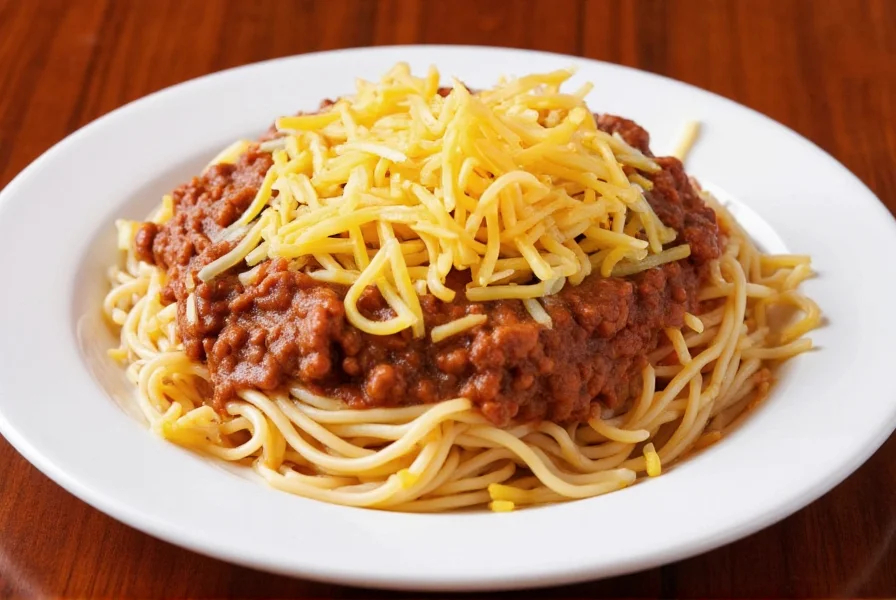 Skyline Chili signature 3-Way meal with spaghetti, chili, and cheese on white plate