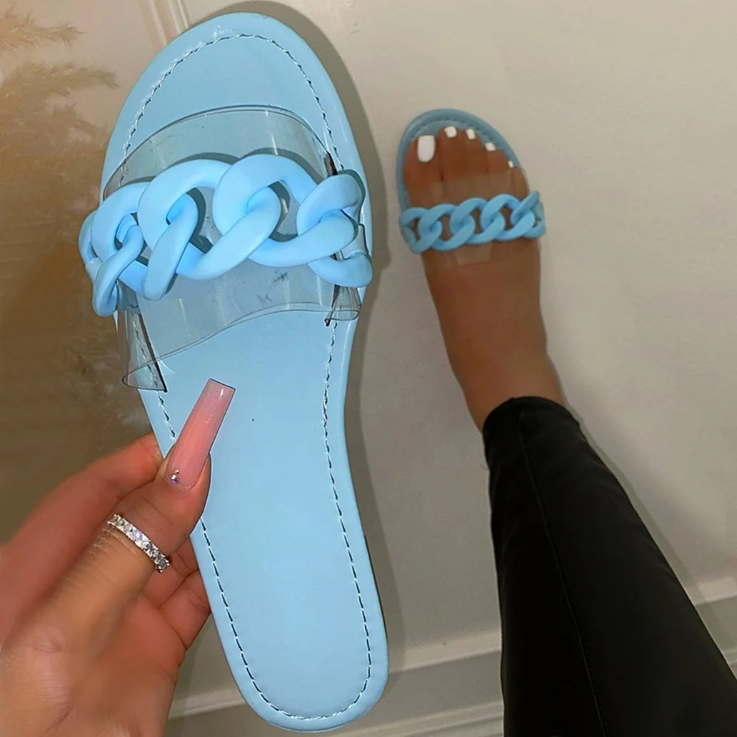 

2021 Popular Cheap Wholesale Women Chain Summer Sandals Slip On Flip Flops Ladies PVC Clear Beach Slider Slippers, Black ,pink,purple.blue,silver