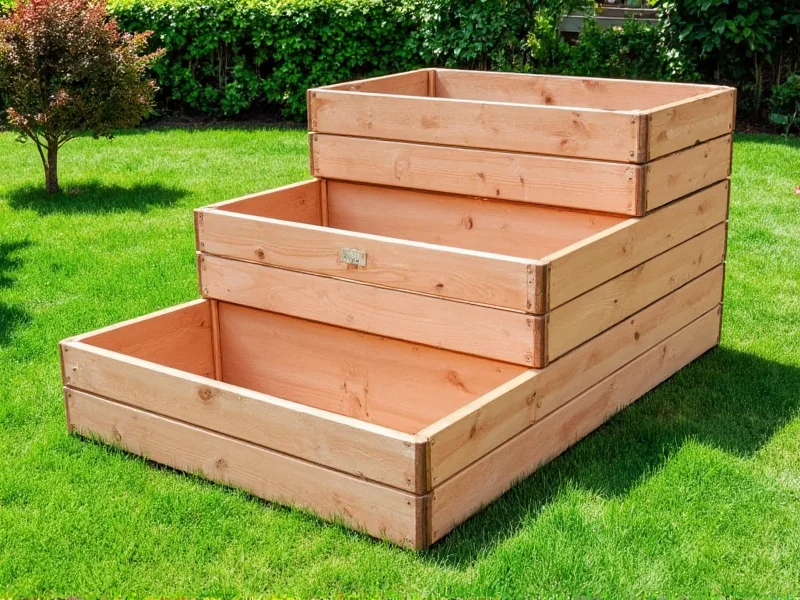 Three-tier wooden compost bin with garden background