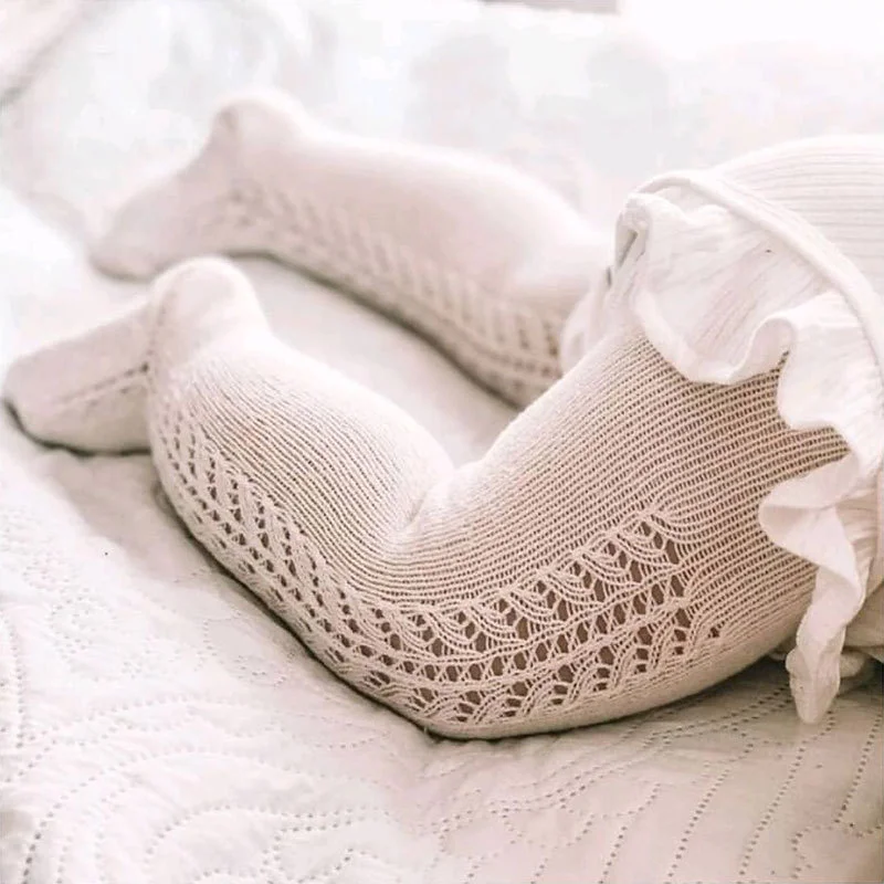

New Spanish Best Quality Breathable Princess Open Work Loop Soft Combed Cotton Baby Kids Girl Tights