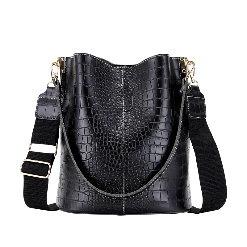 

2021 Crocodile Pattern Large Capacity Bucket Shape Woman Bags Vintage Leather Handbag