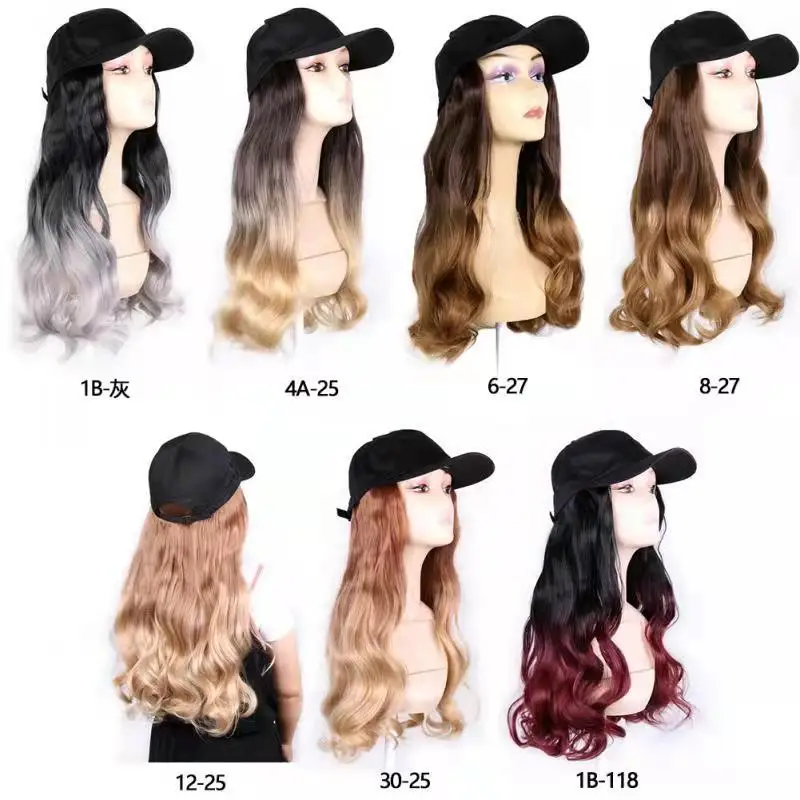 

Long Wavy Straight Wig Hat Baseball Cap with Hair 22inch Synthetic fiber two tone ombre Hair Extension Attached Adjustable Cap