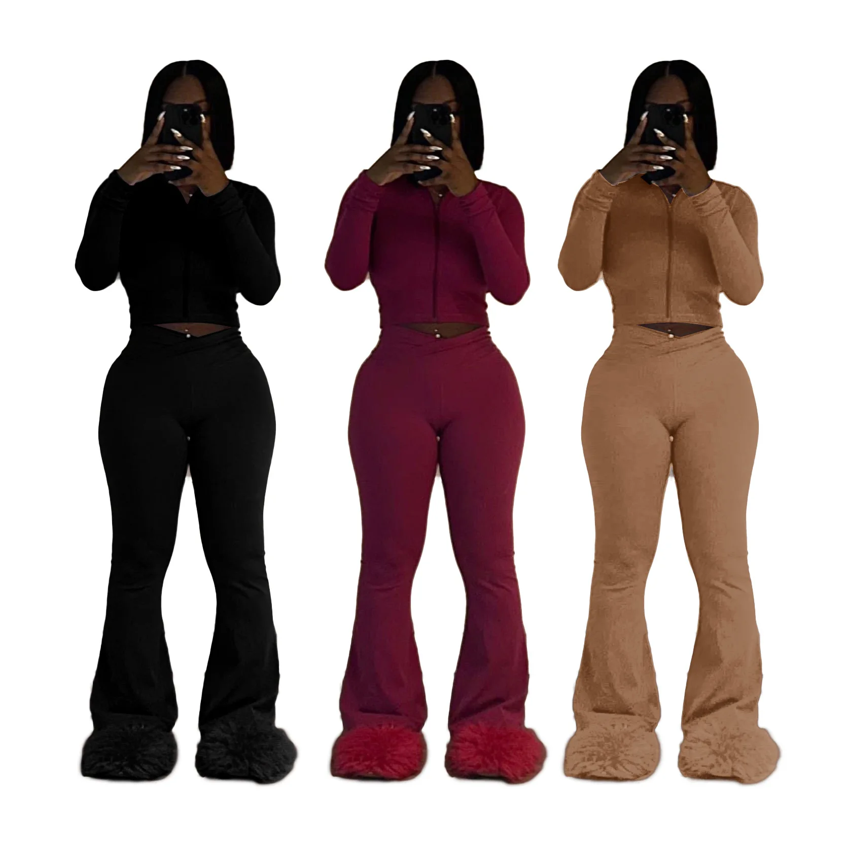 Women's Casual Gym 2-Piece Set for Winter 2025 Think Zipper Elastic Crop Tops Bow Collar Flare Pants Solid Outfits for Women