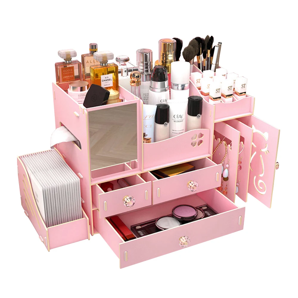 

Wooden Desk Cosmetic Makeup Organizer/Jewelry Storage Box Case Display w/ 3 Drawers,Mirror - Pink, White, Wood grain