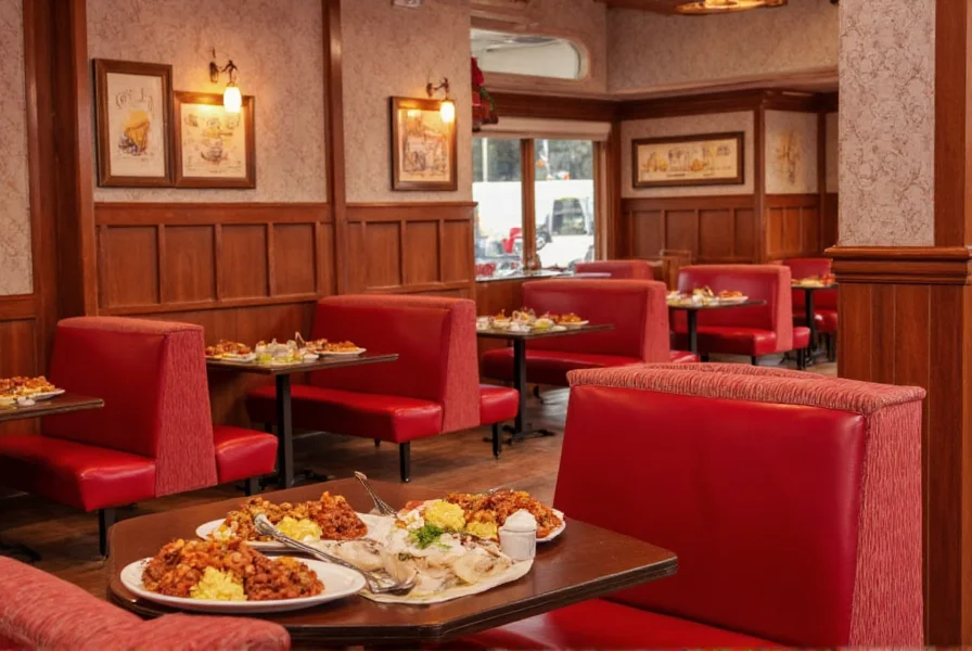 Traditional Cincinnati chili parlor interior with red booths and oval dishes of three-way chili