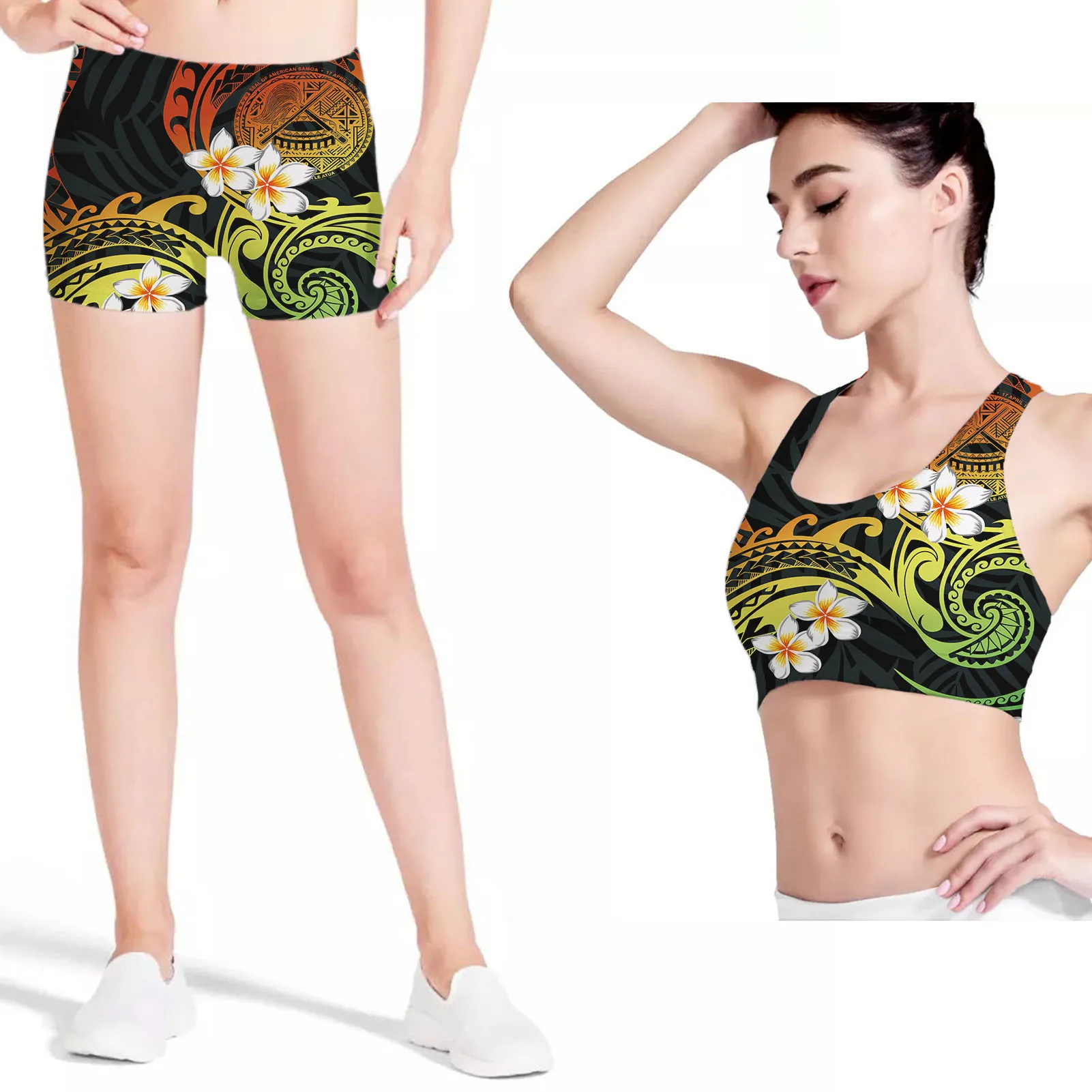 

Summer Polynesian Plumeria Print Custom Women 2 Pcs Tracksuit Workout Gym Yoga Set Ladies Tank Tops Bra Shorts Sports Sets, Customized color