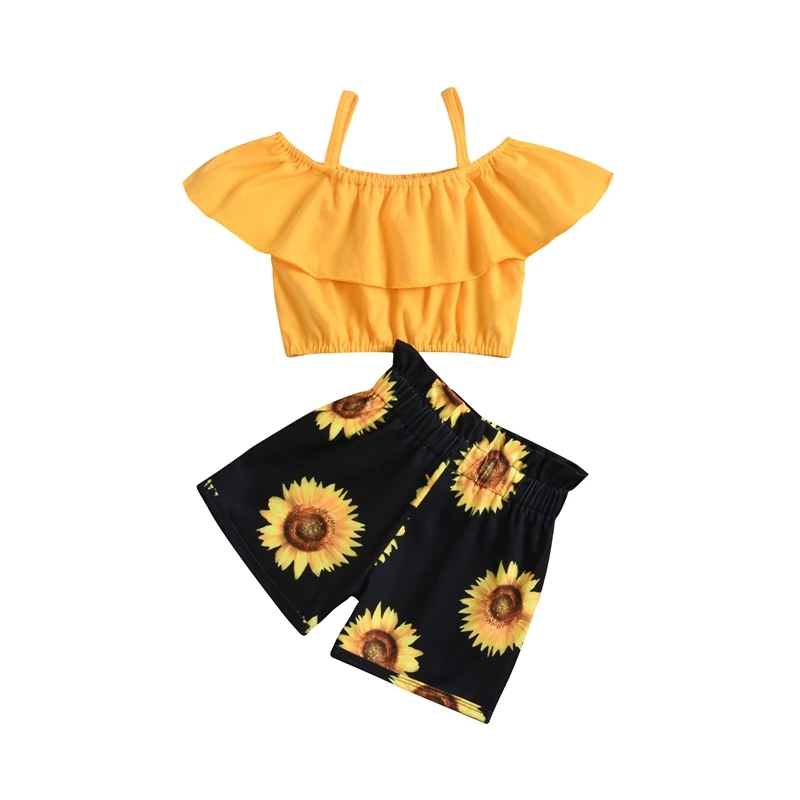 

Sunflower Kids Clothes Girls Outfits Off Shoulder Top and Floral Pants Shorts Girl Summer Clothes Set 2021 Children's Costume