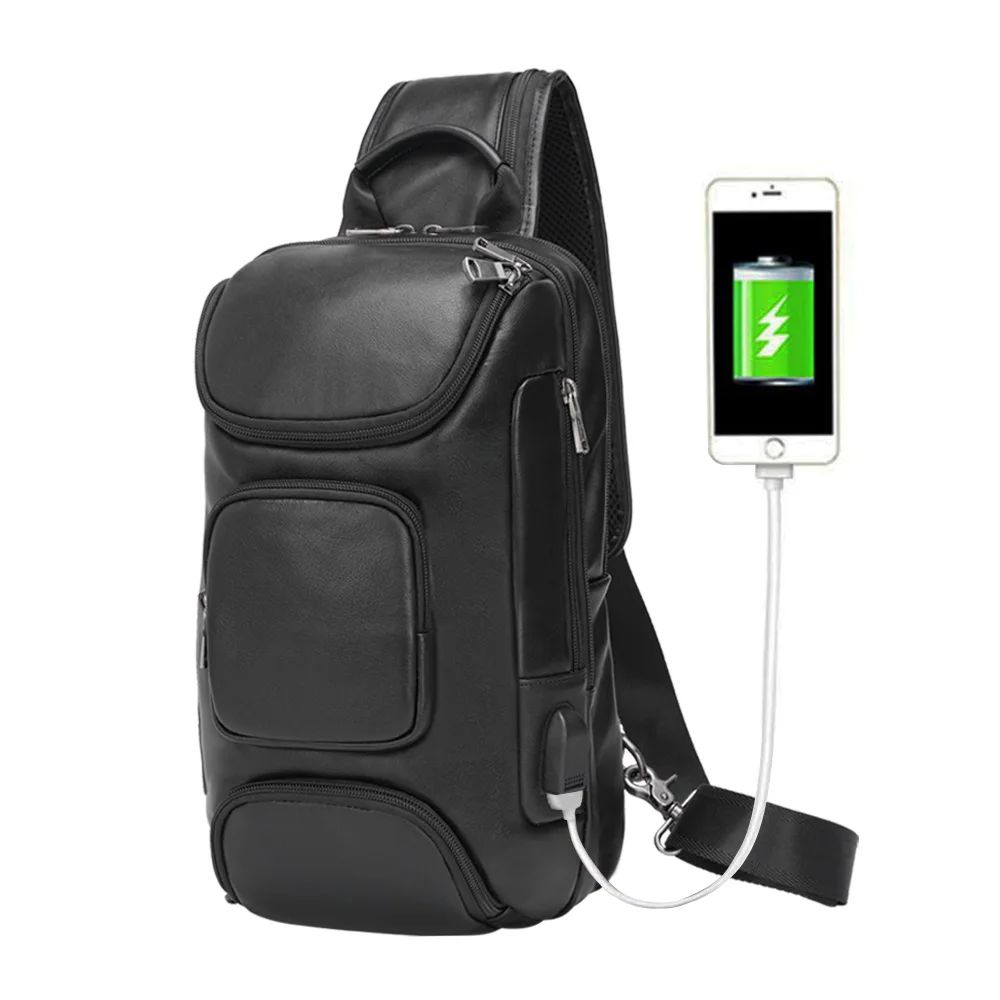

TIDING Men Black Soft Genuine Leather One Shoulder Strap Chest Backpack Sling Bag With USB Charging Port