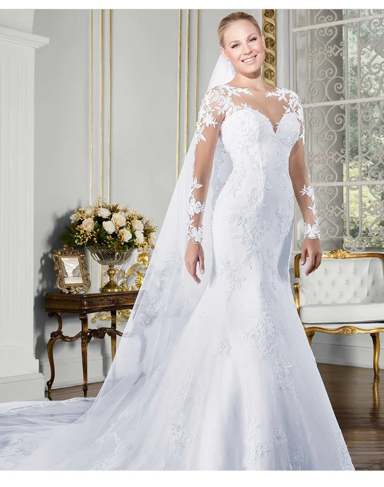 

New White Women Long Sleeve Lace Bridal Full Sleeve Lace Appliqued Wedding Gowns Wedding Dress